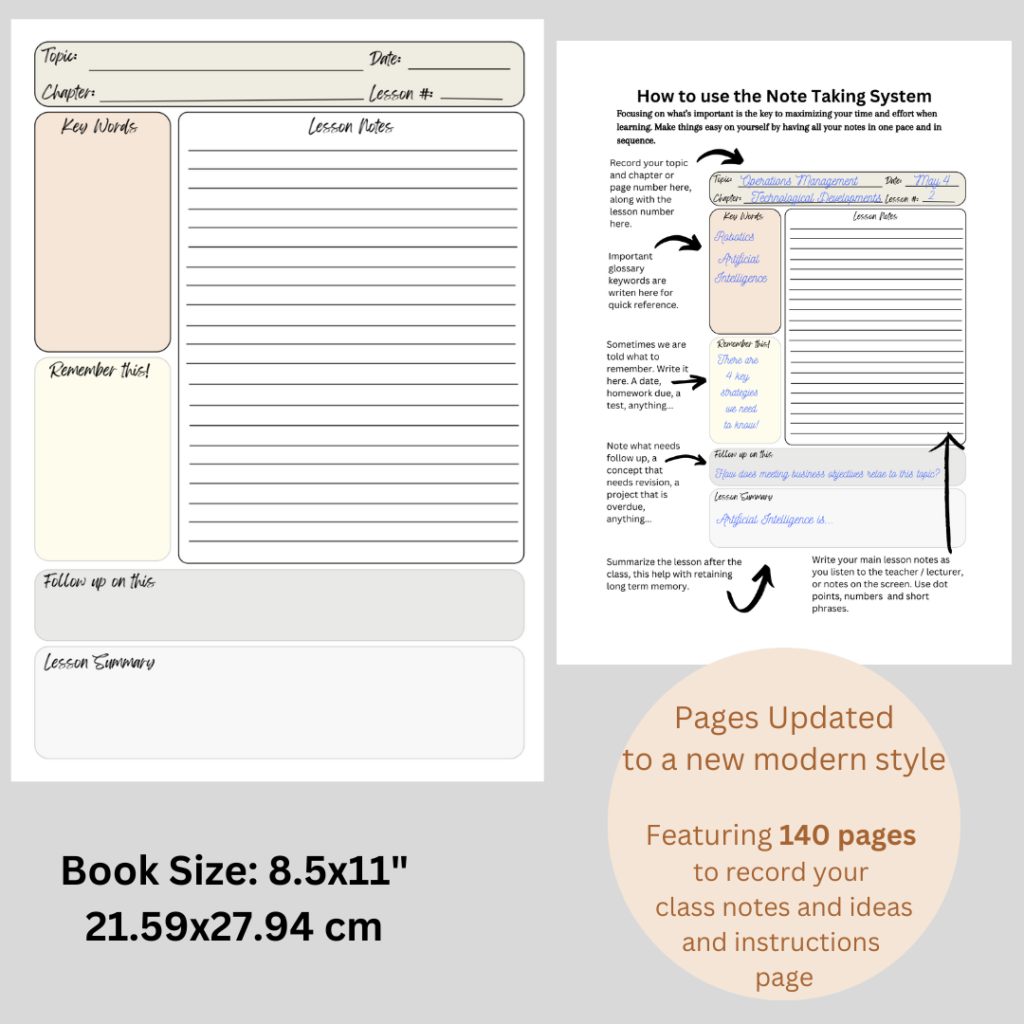 A look inside the Essential Notes Lecture Notes notebook page example, featuring Cornell Style layout with a difference. 140 Pages of various types.