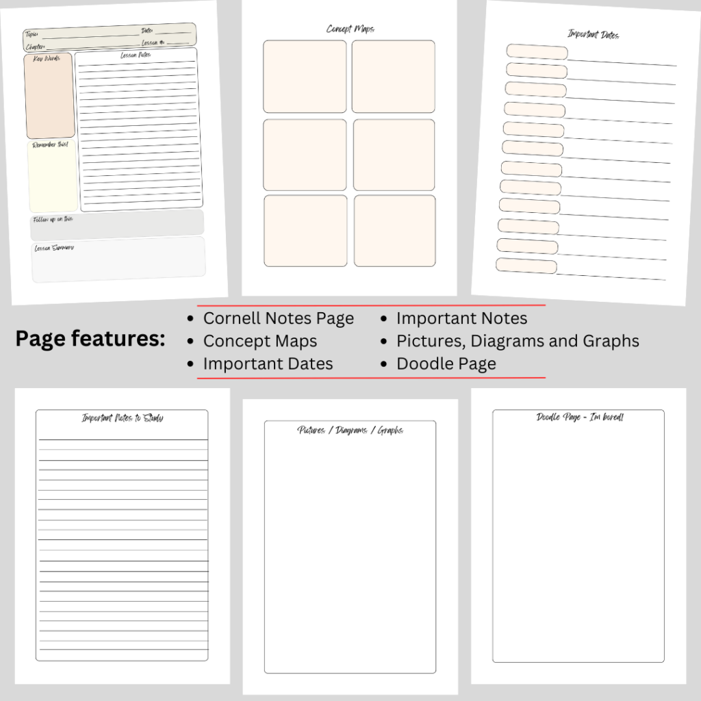 A look inside the Essential Notes Lecture Notes notebook page example, featuring Cornell Style layout with a difference. 140 Pages of 6 various practical types.