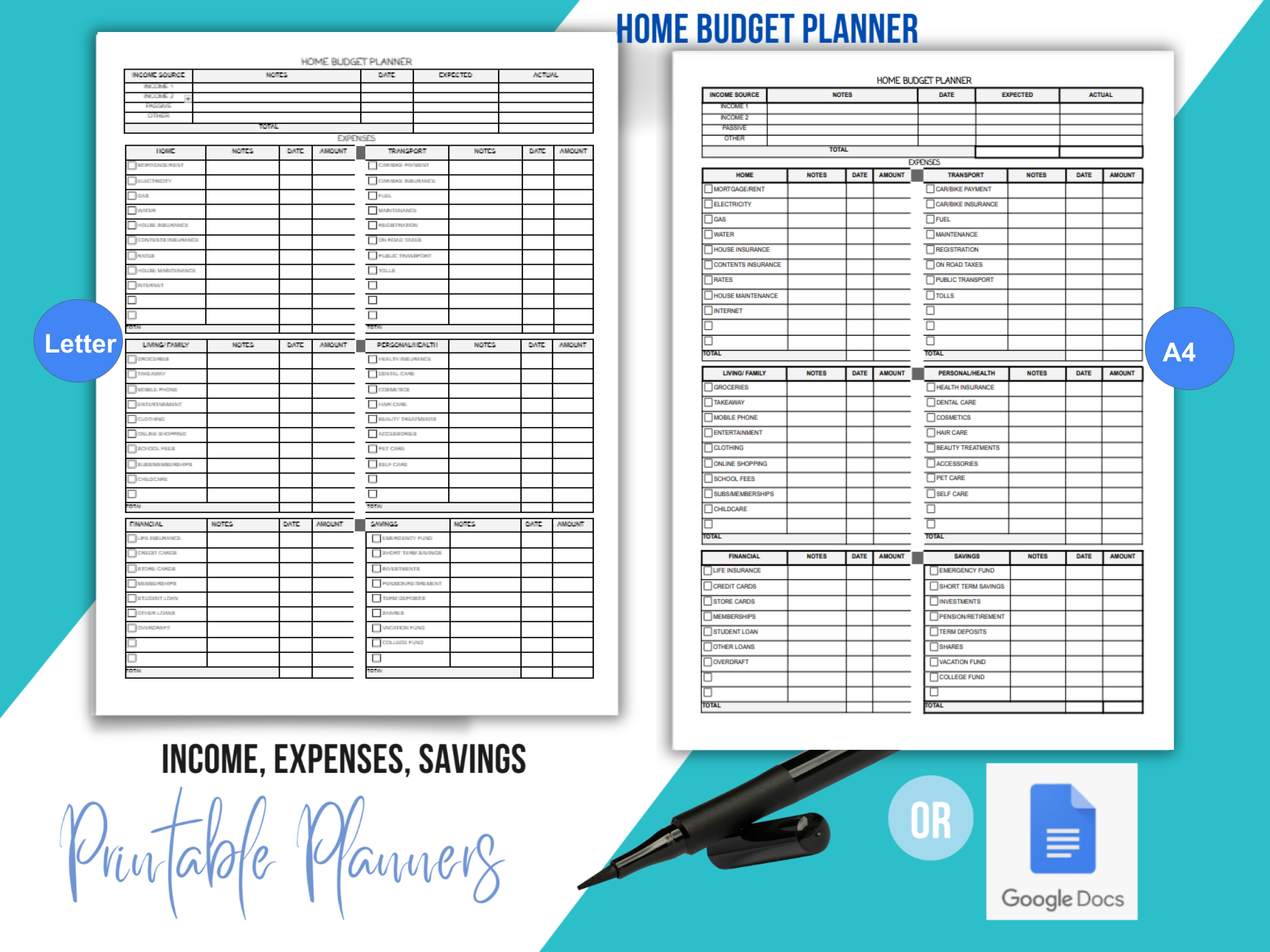 Home Budget Planner for recording your income and expenses, all on one easy to follow simple page. Month by month. Fully printable in US Letter and A4.